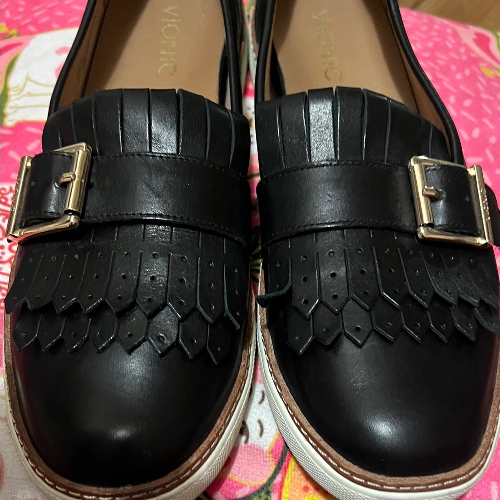Vionic Black Leather Loafers with Gold Accent - Picture 5 of 15